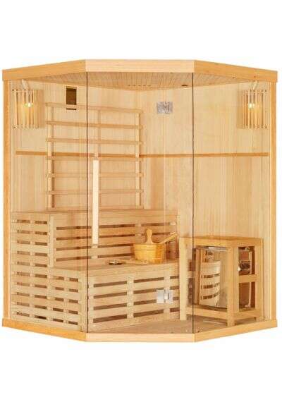 DM-San Duschmeister Finnische Eck Sauna 3 Personen Sano 469 Komplettset mit Harvia Ofen